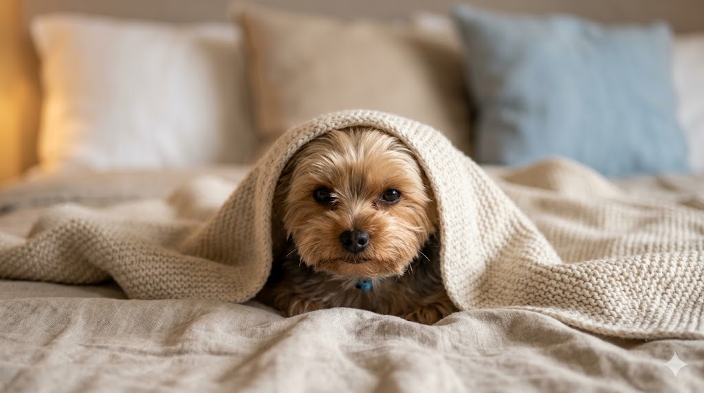 Yorkshire Terrier peeking out from under a knit blanket on a cozy bed