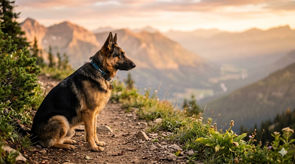 German Shepherd sitting on a mountain trail overlooking misty peaks at golden hour sunset