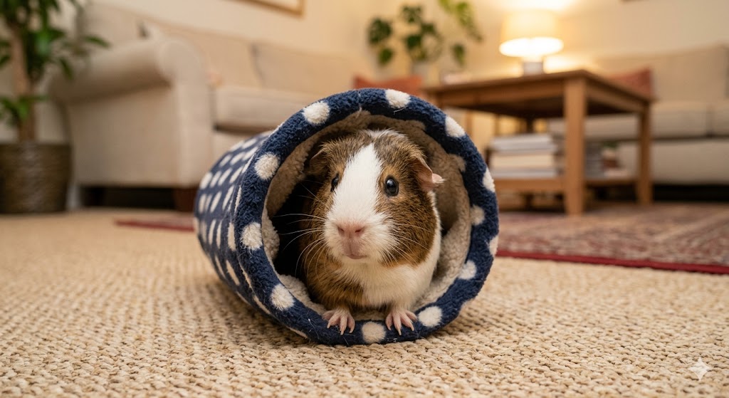 Tricolor guinea pig sitting in sunny green grass surrounded by clover and wildflowers