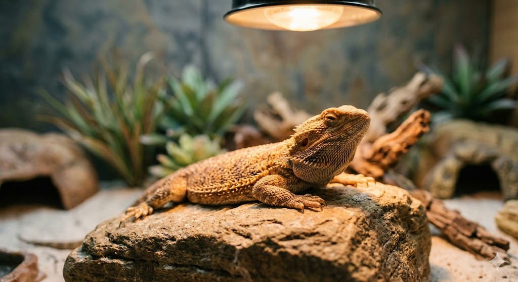 Bearded dragon basking on a rock under a heat lamp in a terrarium with succulents