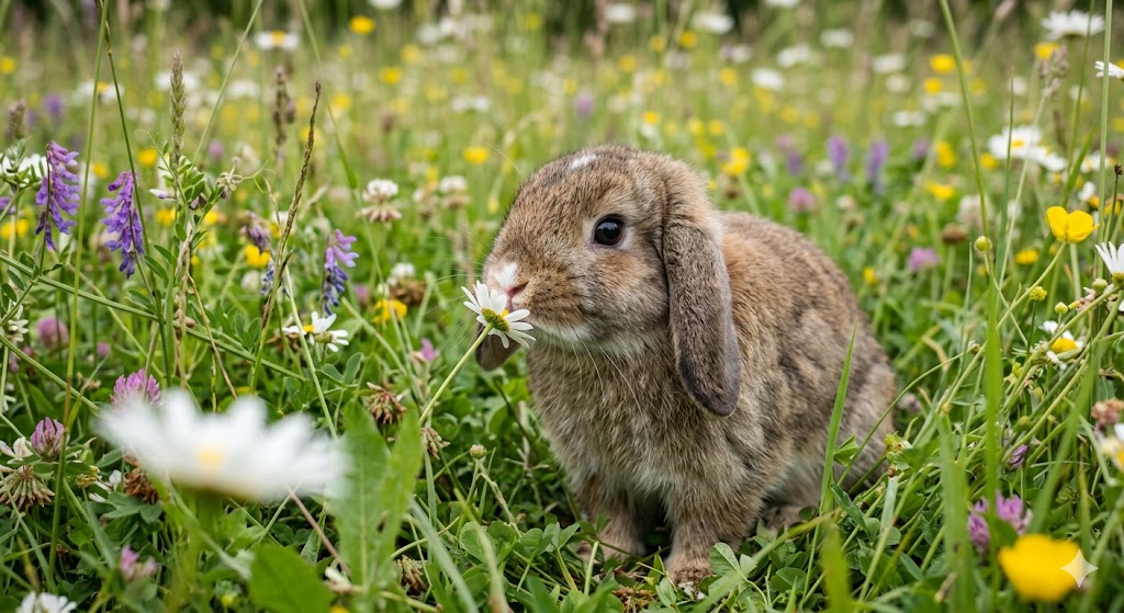 Lop-eared rabbit mid-hop running across a green lawn in a colorful flower garden