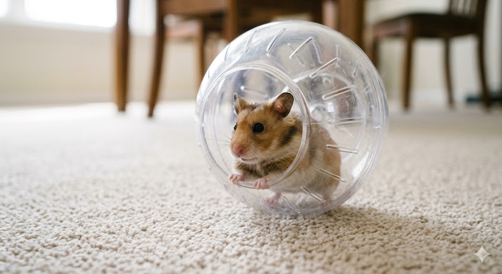 Brown rabbit sheltering under hosta leaves in a lush garden with wildflowers