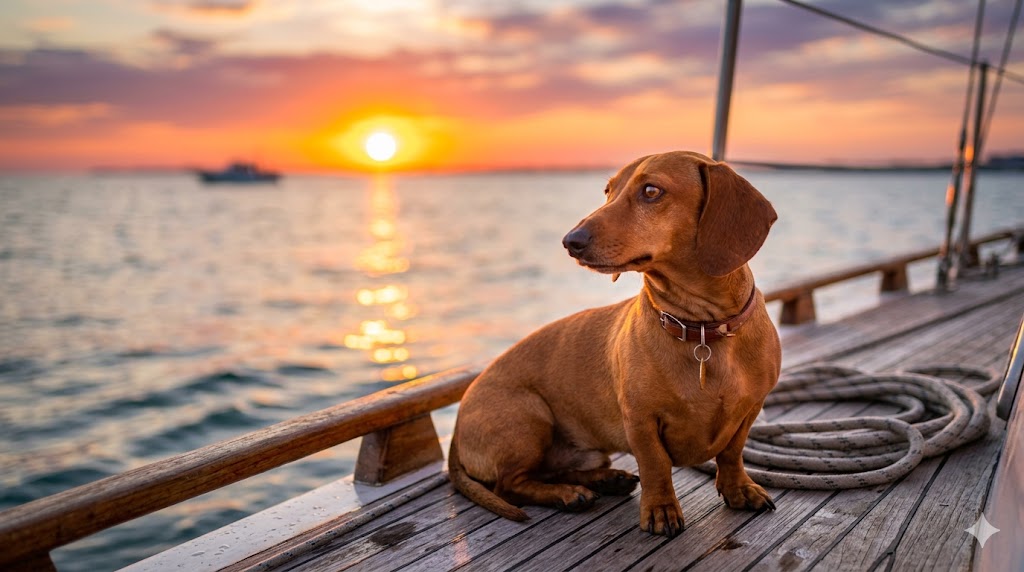 Wet Labrador Retriever shaking off water on a wooden lake dock at golden hour with trees in the background