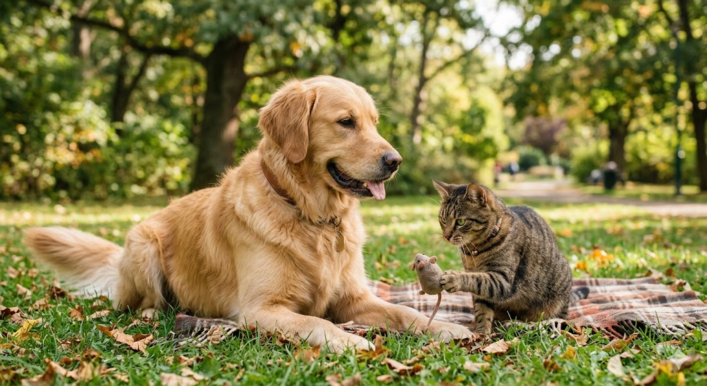 A golden dog and cat resting together on a blanket in a peaceful meadow