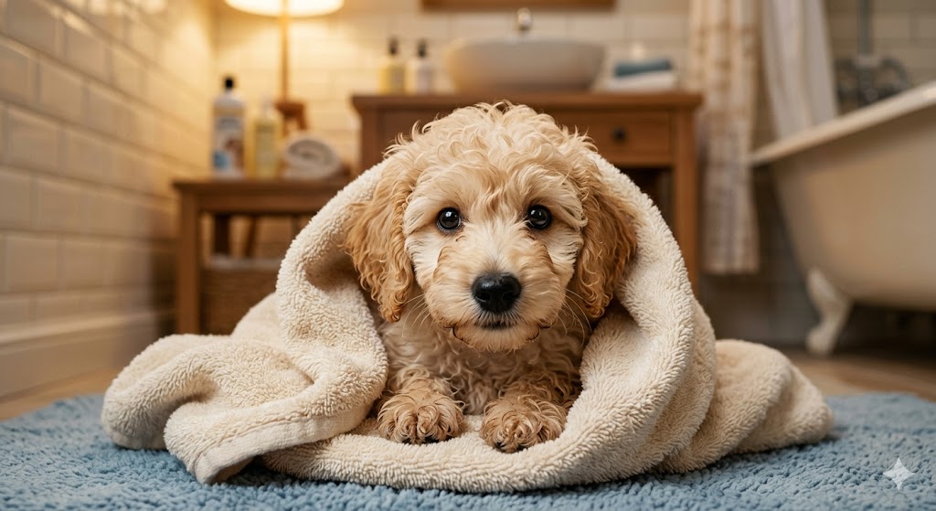 A fluffy dog wrapped gently in a towel — a tender image representing the loving bond we carry in memorial keepsakes
