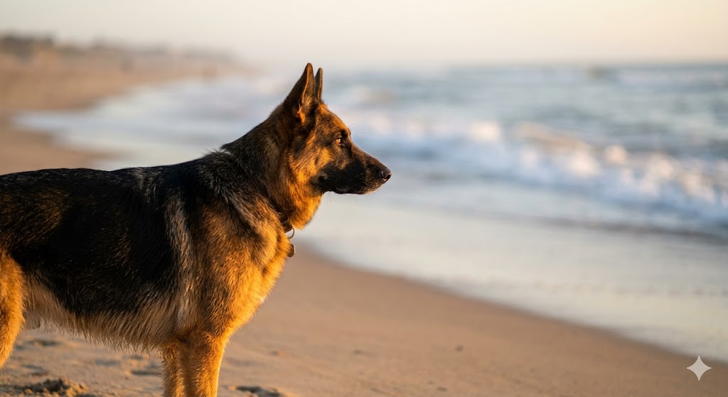 A shepherd dog looking thoughtfully out at the ocean